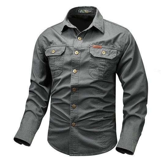 Retro Cargo style Men's Long Sleeve Shirt With Pocket Design, Men'sCasual Button Up Shirt For Spring Fall Qutdoo