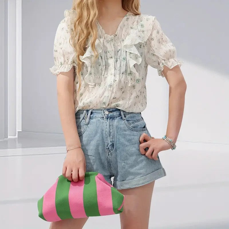 New Summer Beach Clutch Bag Women Contrast Color Crochet Handbag Knitting Dumpling Clutch Lady Cute Cloud Casual Colorblock Bag