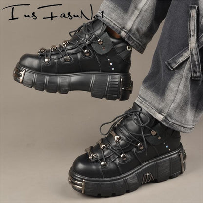 Casual Female Runway Shoes Platform Metal Toe Chunky Sneakers Women Gothic Punk Style Sneakers Rock Design Black Walking Shoes