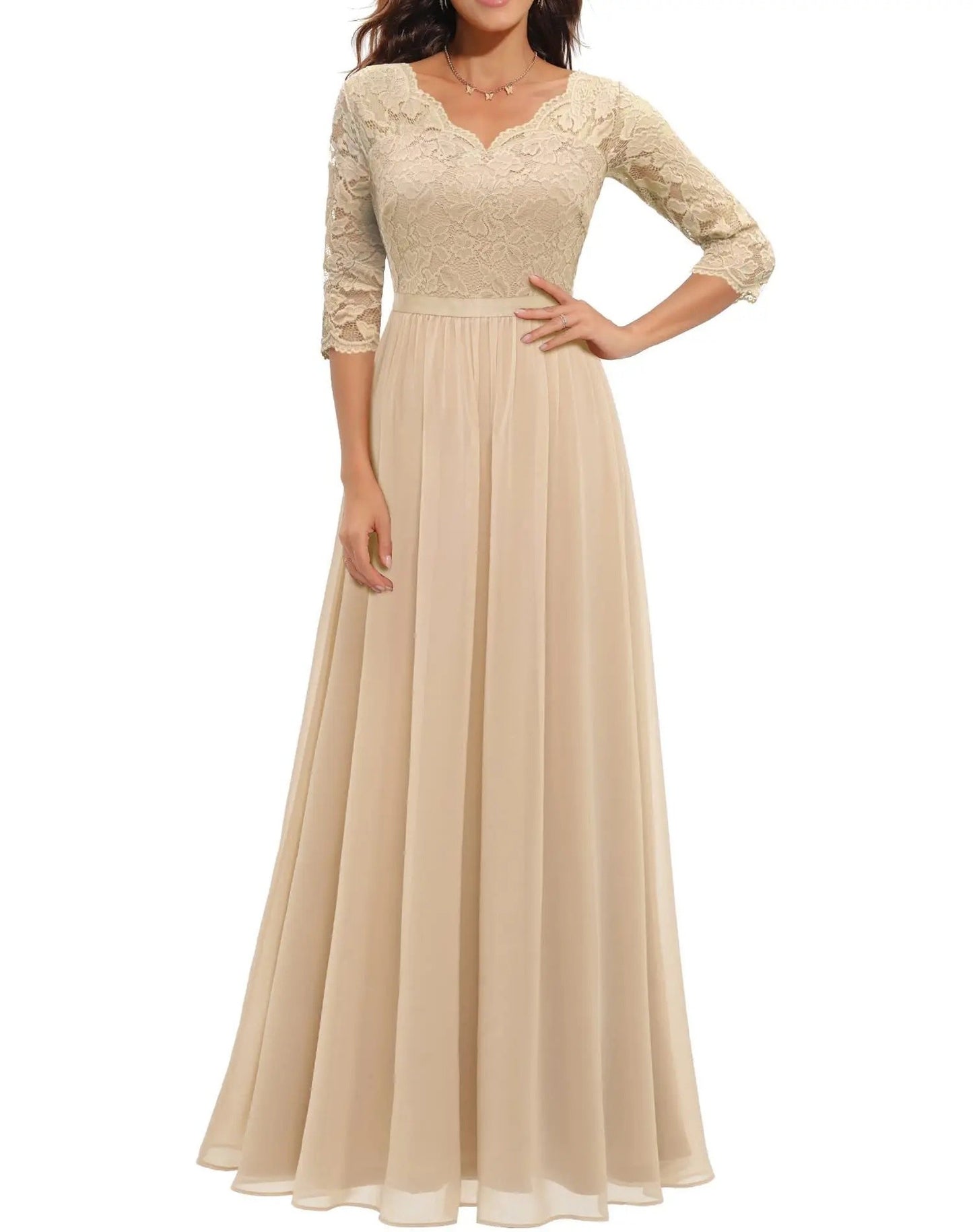 New 6-Color 5-Size Lace Splicing Long Waist-Cinching Elegant Dress Floor-Length V-Neck Polyester Fiber Evening Gown Dress