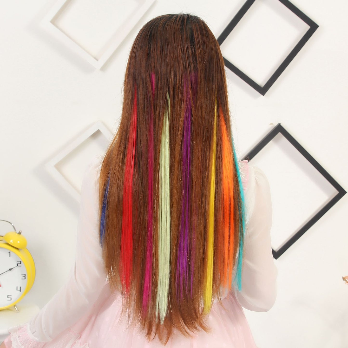 LIHUI Longo Liso Colorido Aplique de Cabelo Extensões de Cabelo com Clipe Mechas Arco-Íris Destaque Cabelo Sintético Rosa em Clipe