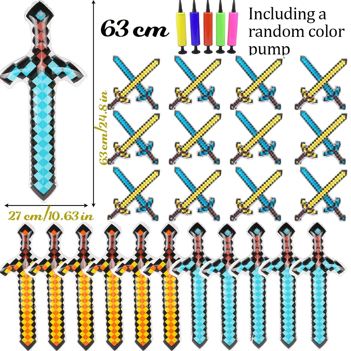 12-72Pcs Inflatable Weapons for Kids Pixel Diamond Swords Inflatable Sword for Theme Party Birthday Halloween Party Cosplay