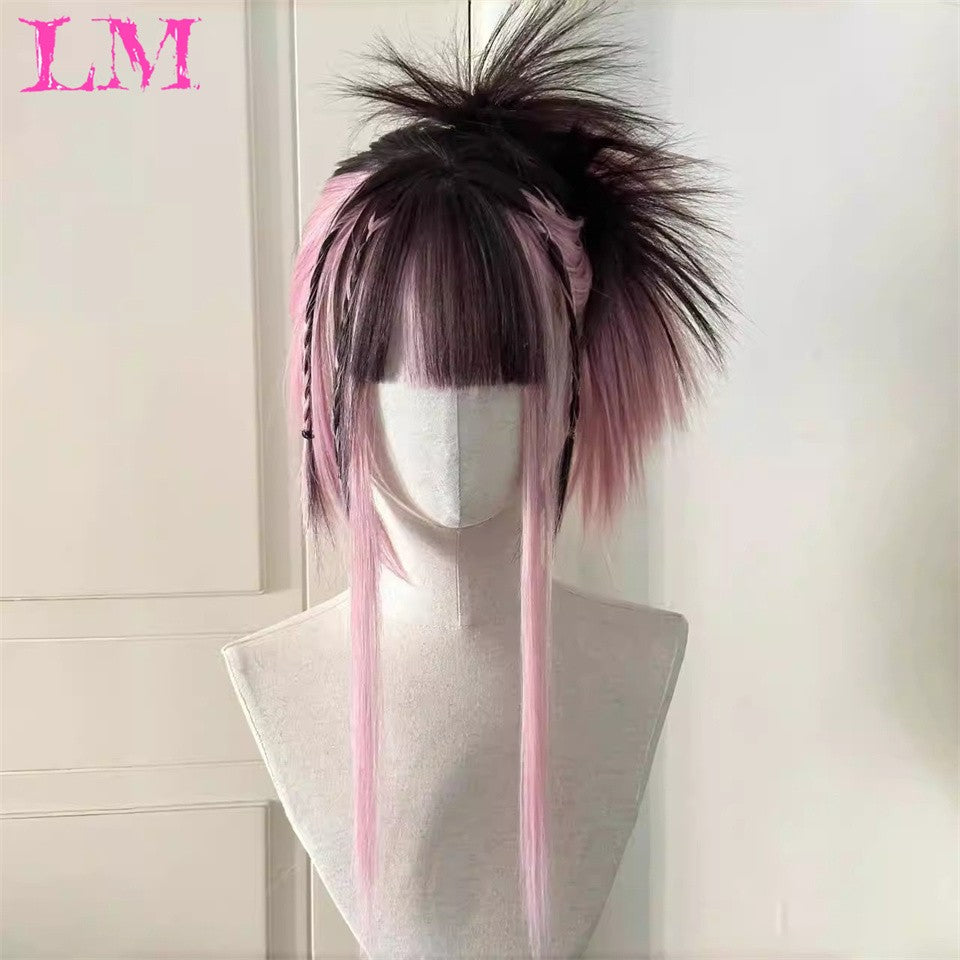 LM Medium Length Pink Cosplay Wig Heat Resistant Costume Party Synthetic Wigs 2 Clip On Ponytail 7 Colors