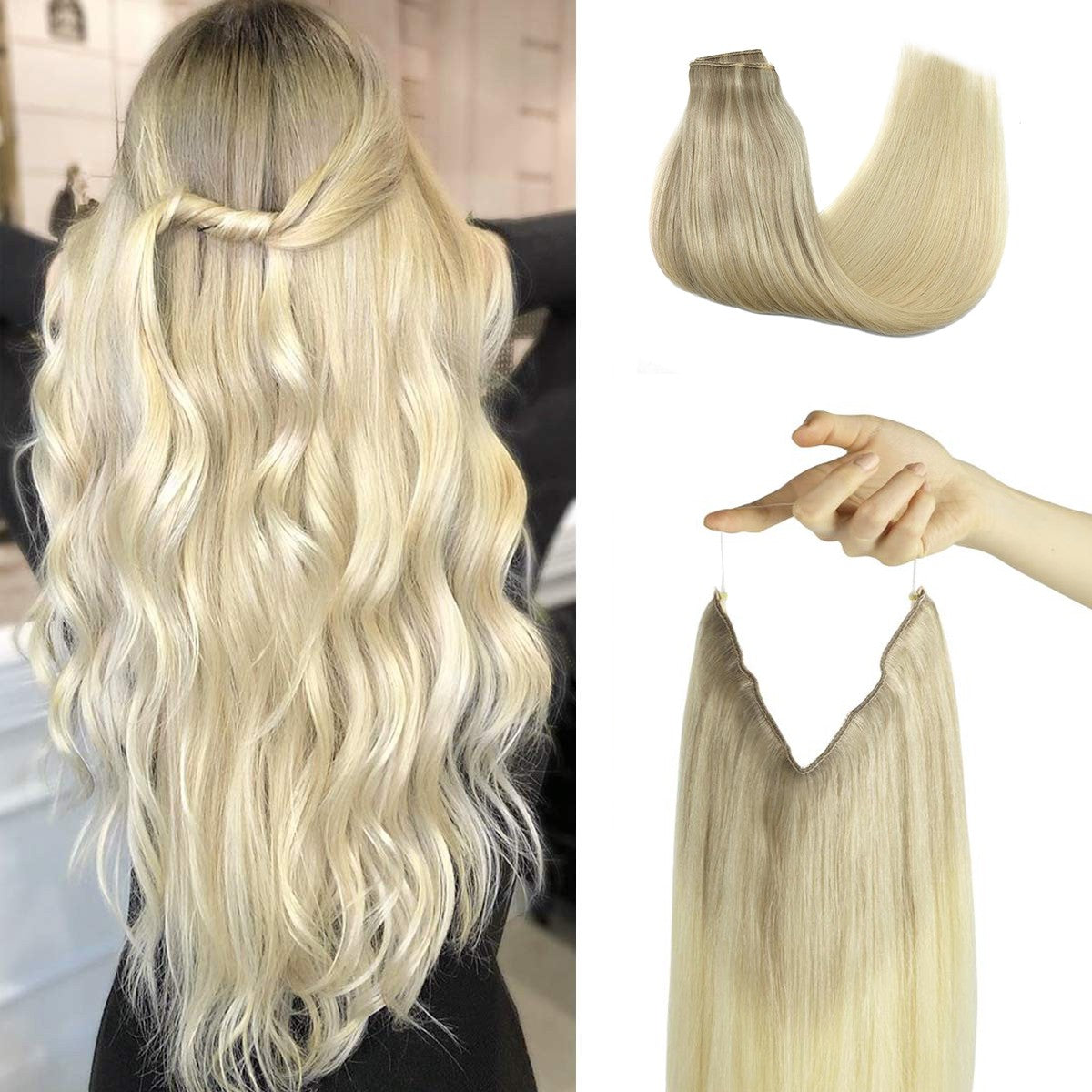 Cabelo Humano Liso de Extensão com Fio para Mega Hair, Linha de Pesca, Fusão Natural de Extensões de Cabelo com Clipes, Trama de Extensões para Mulheres