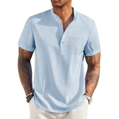Summer Men's Cotton Linen T-Shirt Henley Neck Pocket Casual Lightweight Breathable Beach Shirt Solid Color Basic Style Tops