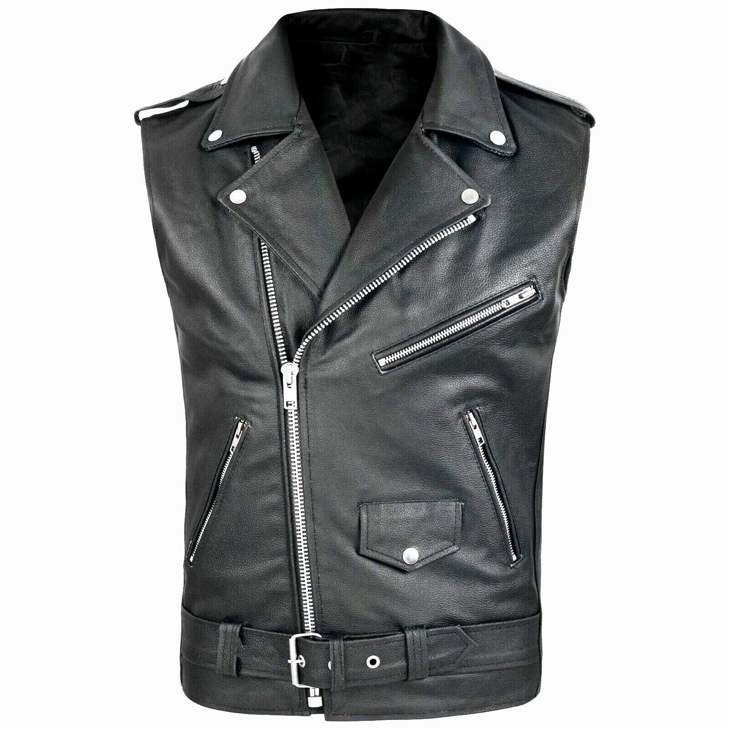 Black Color M-4xl Sizes Men's Sleeveless PU Leather Vest Style Motorcycle Jacket with Pockets Zipper Men Coats