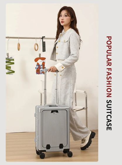 Suitcase Front Opening Pocket Aluminum Alloy Frame Rolling Luggage with USB Charging Plug Trolley Carry-on Case Bag with Wheel