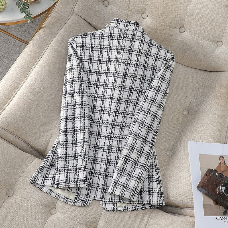 Woolen Plaid Small Suit Jacket for Women in Spring and Autumn 2025 New Short Style Korean Version Plus Size Retro Women's Suit