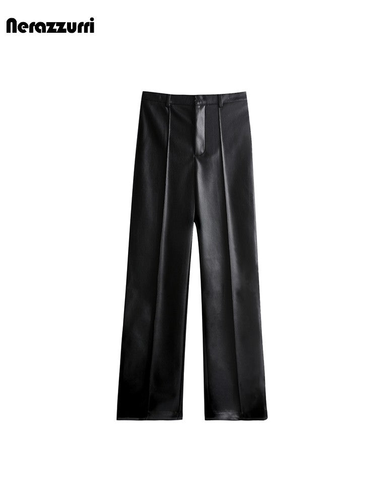 Nerazzurri Stylish Chic Black Soft PU Leather Straight Pants Women High Waist Autumn Winter Ladies Faux Leather Trousers 2023