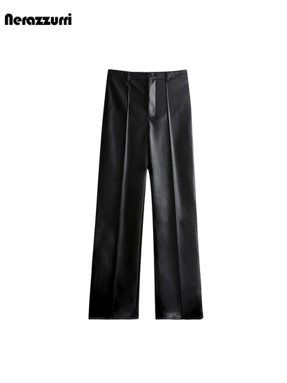 Nerazzurri Stylish Chic Black Soft PU Leather Straight Pants Women High Waist Autumn Winter Ladies Faux Leather Trousers 2023