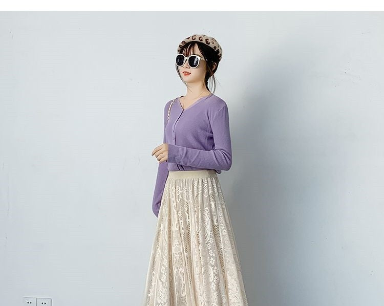 Plus Size plus Size Lace Hollow out f Skirt mid Waist Long Sle Fairy Skirt A-Line Umbrella Skirt Trendy Women's Clothing