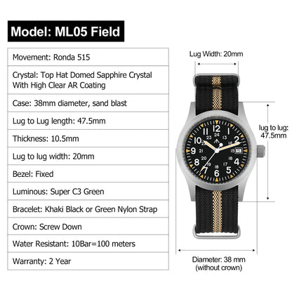 Militado ML05 Military Watch Ronda 515 Quartz Movement Domed Sapphire With High Clear AR Coating Luminous 38mm Vintage Watches