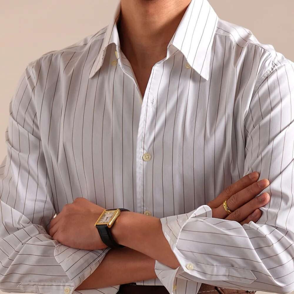 Cotton Blend Striped Casual Italian Style One Piece Collar Long Sleeved Shirt Men High Count Cotton Gentleman Business Shirt Men