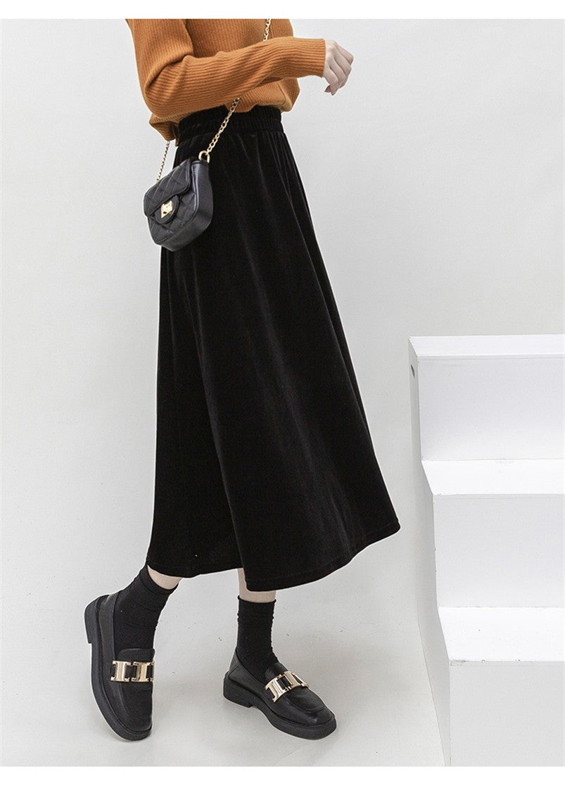 French Style Black Velvet Skirt For Women High Waist A-Line Velour Skirts Spring Autumn Simple High Street Long Skirts Plus Size