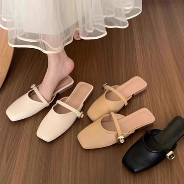 New Summer New French Gentle Baotou Half Slippers Women Casual Versatile Flat Bottom Shallow Mouth Single Shoes For Women