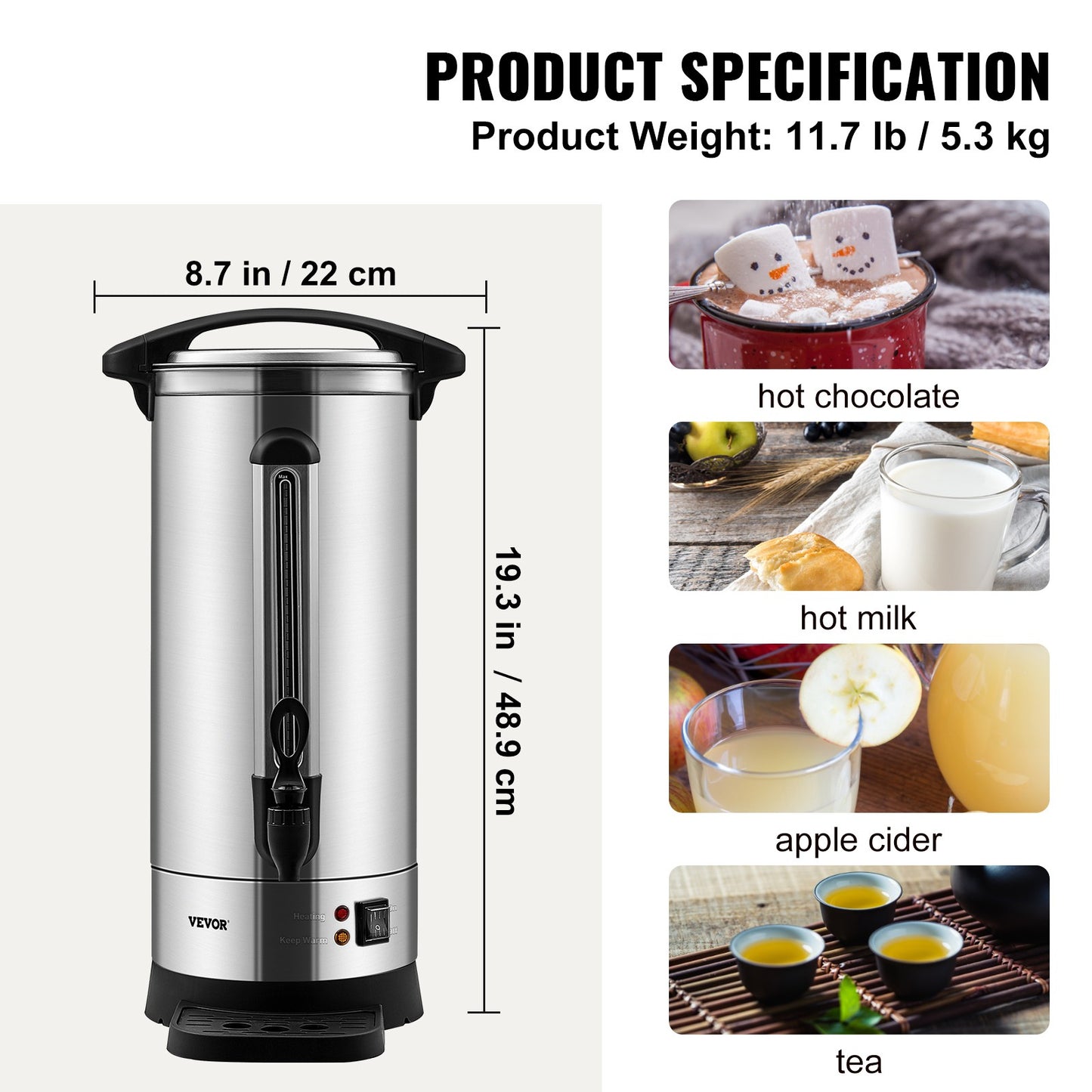 SucceBuy 65/110 Cups Stainless Steel Coffee Thermos Urn Commercial Hot Water Dispenser for Camping Fast Brewing Easy Cleaning