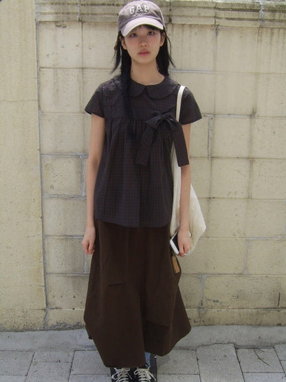 Vintage Plaid Shirts Women Japanese Harajuku Bow Peter Pan Collar Blouses Summer Korean Aesthetic Short Sleeve Casual Tops New