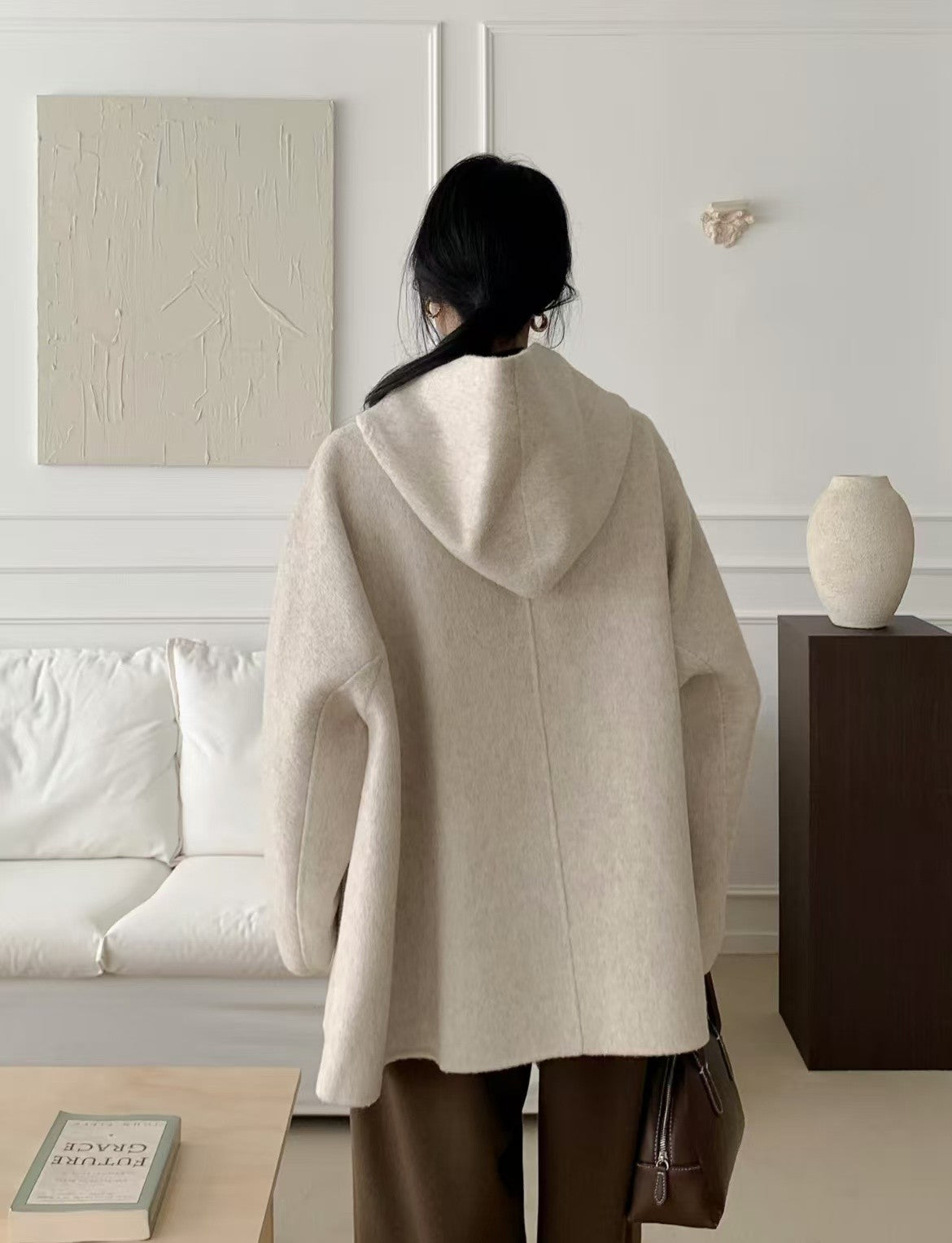 Korean Sle Woolen Coat Women's Chic Temperament Sweet Bow Tie Collar Hooded Warm Woolen Coat Long Sve Mid-Length