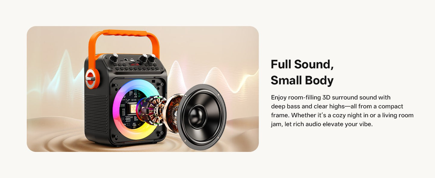 Caixa de Som Karaokê Bluetooth de Alta Potência T35, Luz Rítmica Musical, Som Estéreo Surround 360 Graus, Subwoofer Sem Fio com Microfone Duplo