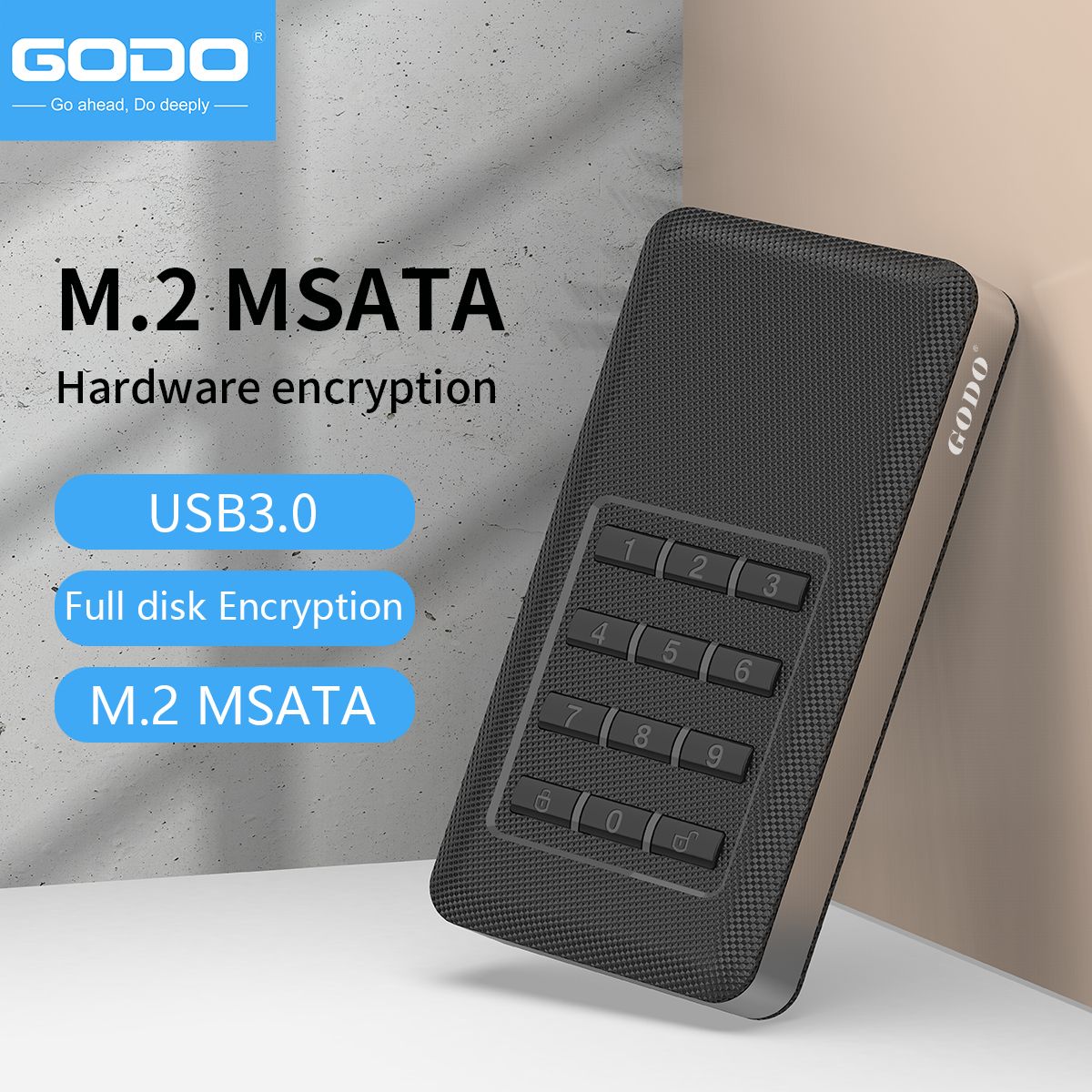 GODO M.2 MSATA Criptografia de hardware USB3.0 Criptografia de disco completo Instalação sem ferramentas com senha Caixa de disco rígido móvel 2,5" Sata