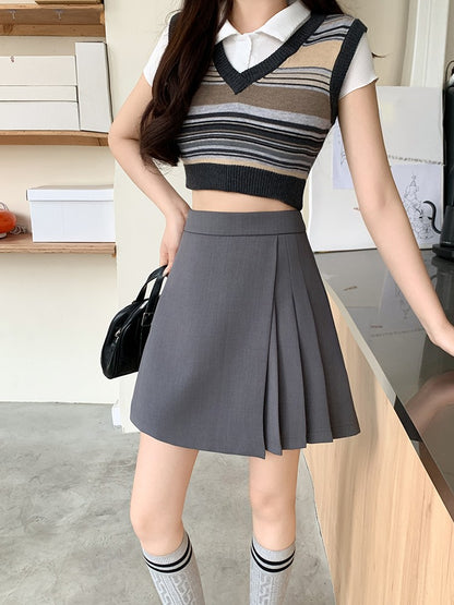 L-4XL Plus Size Skirt Women Spring Summer 2025 New Korean Fashion High Waist Pleated A Line Skirt Women Black Or Gray Mini Skirt