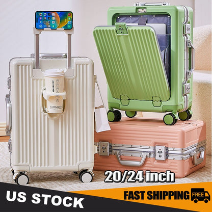20/24 Inch Front Open Luggage Multifunctional Aluminum Frame Trolley Case with USB Cup Holder Large Boarding Box Suitcase