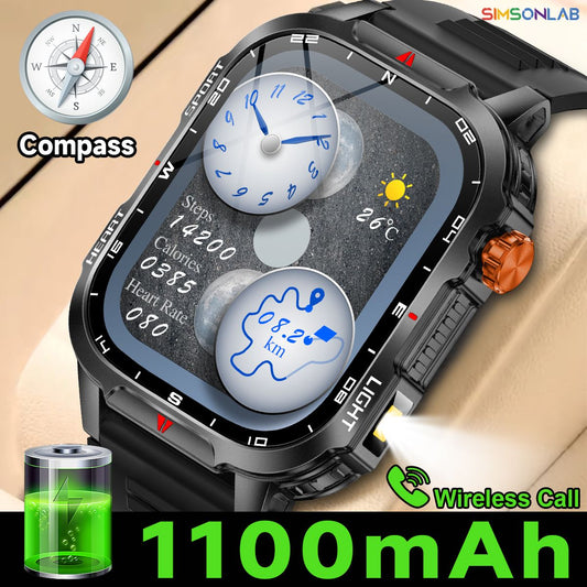 Novo Smartwatch Global 2.01 Polegadas Bateria Grande de 1100mAh Luz LED Bússola Masculino Relógio Esportivo Outdoor Assistente de Voz Chamada Sem Fio