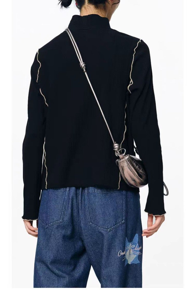 Winter Print T-Shirt Women 2025 - High Neck Cropped Long Sleeve Top, Stretchy Layering Basic Tee, Y2K Bodycon Casual Blouse, Ela