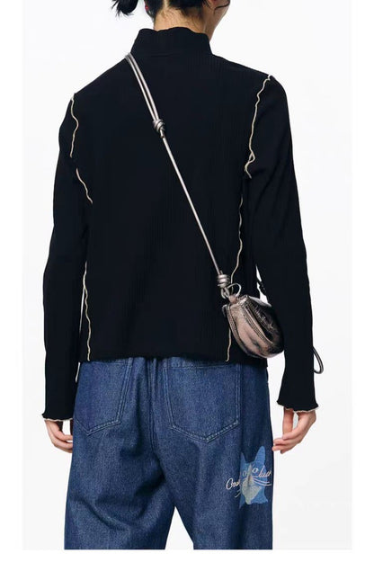 Winter Print T-Shirt Women 2025 - High Neck Cropped Long Sleeve Top, Stretchy Layering Basic Tee, Y2K Bodycon Casual Blouse, Ela