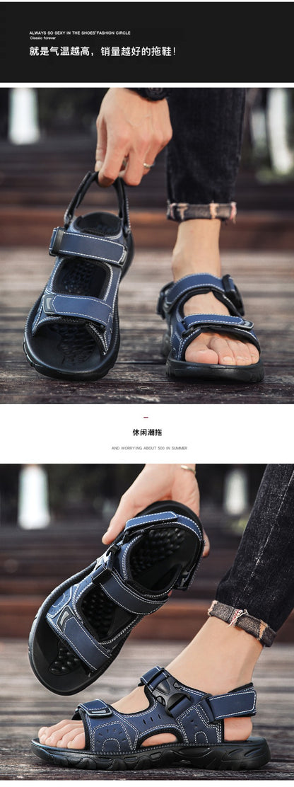 Summer Men Sandals PU Leather Lightweight Open Toe Flat Mens Casual Shoes Outdoor Walking Sandals for Men Beach Shoes Size 39-46