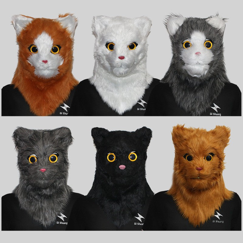 Movable Mouth Cat Head Mask Animal Latex Cute Helmet  Artificial Fur for Halloween Costumes Party Props Adult Size
