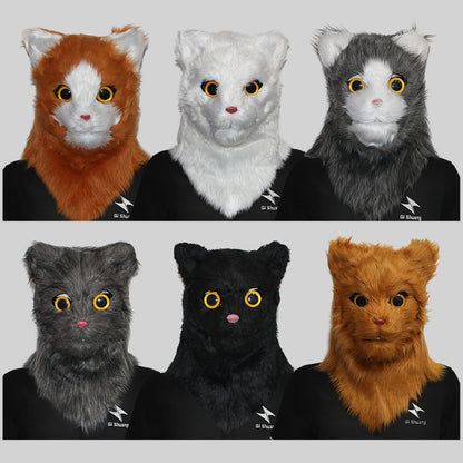 Movable Mouth Cat Head Mask Animal Latex Cute Helmet  Artificial Fur for Halloween Costumes Party Props Adult Size