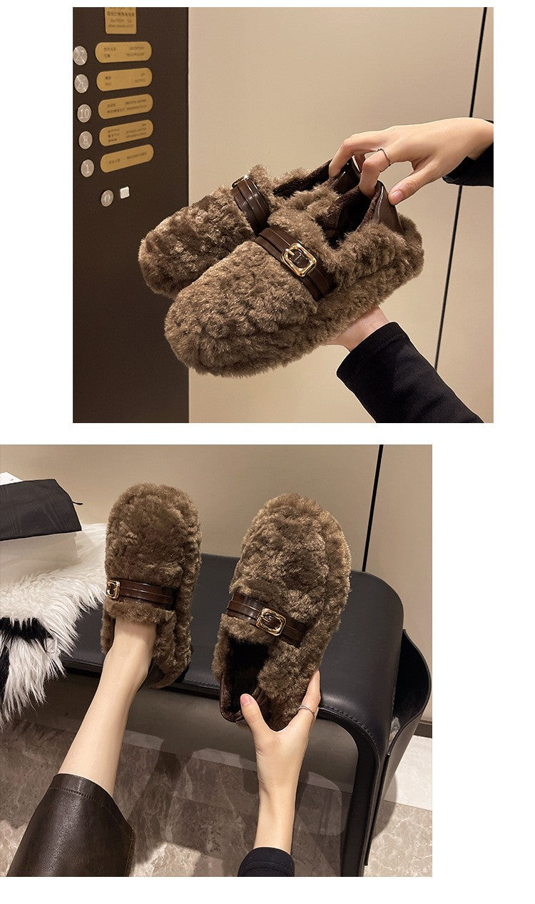 Women Warm Fur Flats Shoes 2025 Autumn Winter Vintage Fashion Shallow Mouth Buckle Ladies Comfort Loafers Shoes Zapatos Mujer