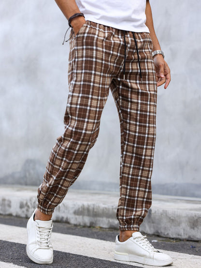 Calças Masculinas Xadrez com Punho Calças de Pijama Confortáveis para Estilo Relaxado