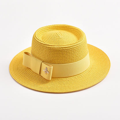 Novos Chapéus de Palha Primavera Verão Femininos de Superfície Ondulada, Topo Reto, Laço, Boné de Vestido, Chapéu de Sol para Viagem e Praia, Gorra
