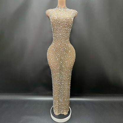 Sexy Full Drill Elastic Slim Fit Sleeveless Long Dress - Hip Wrap, For Host Stage Catwalk & Engagement Evening High-Slit Dresses