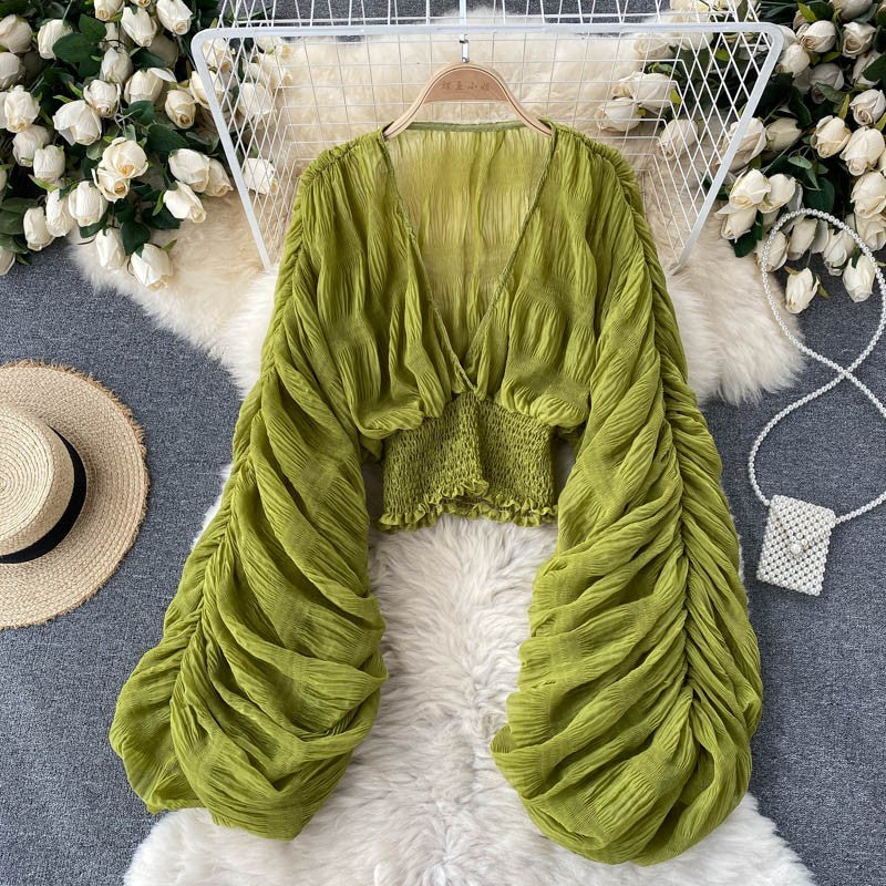 Summer Sexy Draped Chiffon Blouse For Women Elegant V-Neck Puff Long Sleeve Short Tops Female Slim Party Shirts 2022 New Fashion