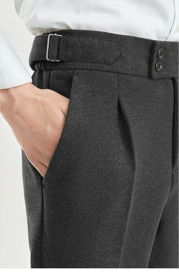 2024 Men's Autumn Winter Fashion High Waist Wool Trousers Male Tweed Casual Pockets Pants Men Long Straight Suit Pants F394