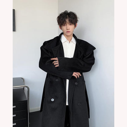 Men's Double-Breasted Wool Blend Overcoat with Belt Loose Fit Solid Color Stand Collar Mid-Length Trench Coat for Autumn Winter