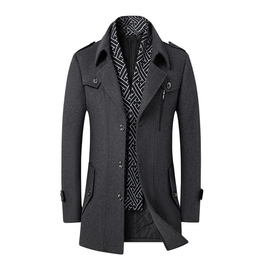 High-quality men's fashionable, stylish, versatile, trendy and casual autumn and winter woolen overcoat with a scarf