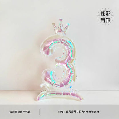 32Inch Transparent Colorful Crown Digital Aluminum Film Balloon with Base Happy Birthday Party Decor Kids Adults Baby Showers
