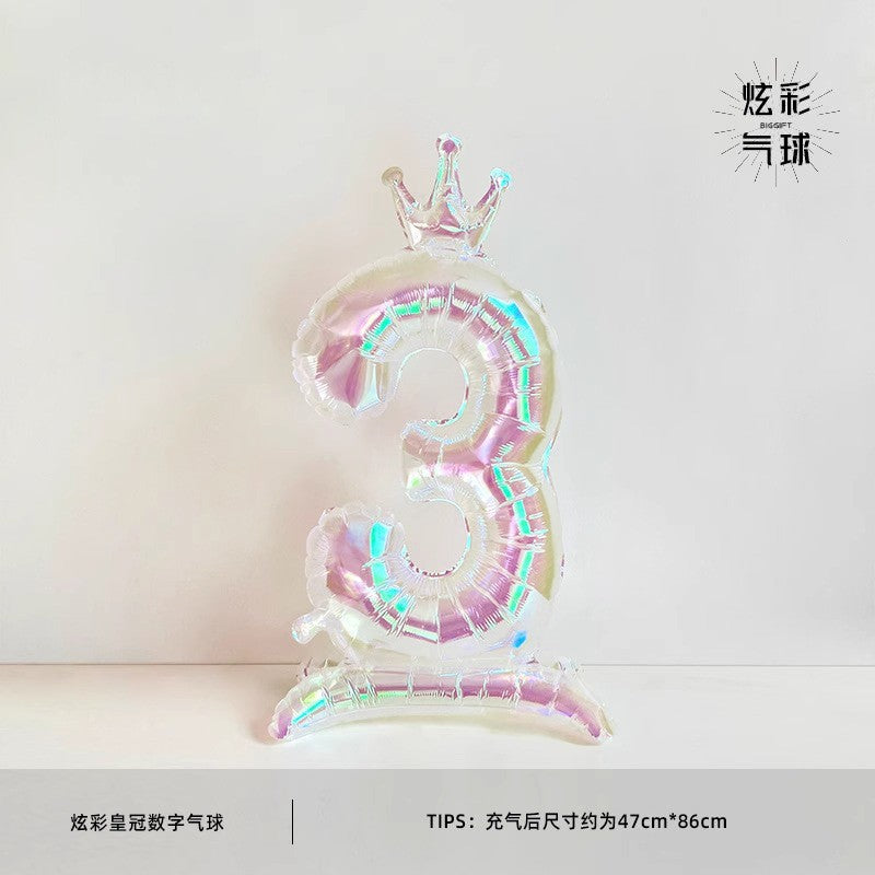 32Inch Transparent Colorful Crown Digital Aluminum Film Balloon with Base Happy Birthday Party Decor Kids Adults Baby Showers