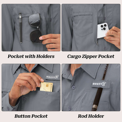 Summer Men's UPF 50+ Casual Long Sleeve Fishing Shirts, Lightweight Tactical Button Down Shirt with Breathable Back Mesh