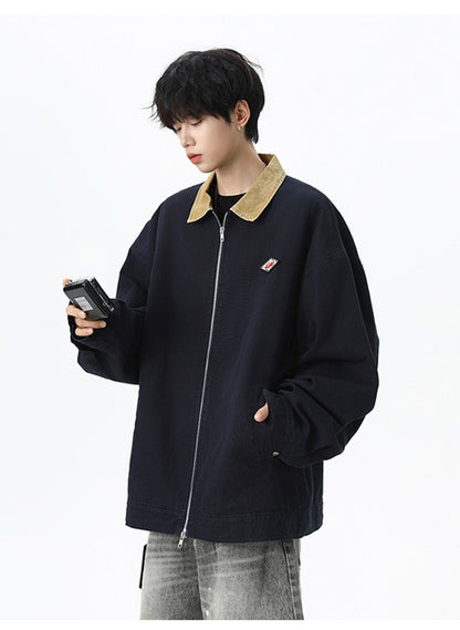 Maxbarley Trendy Cotton Jacket Men Autumn 2025 Hip-Hop Stitching Windproof Lapel Jackets K-Pop Antique Washed Motorcycle Coat