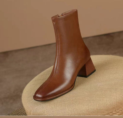 2025 Ankle Boots for Women Leather Square Toe Side Zipper Retro Style Chunky Heels Women Boots Fashion Short Boots Women  D263