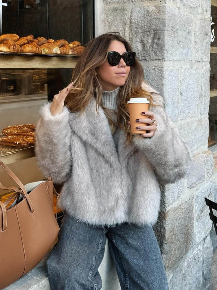 DUOPERI Women Fashion Winter Solid Thick Warm Faux Fur Coat Lapel Collar Long Sleeves Female Chic Lady Casual Outfits