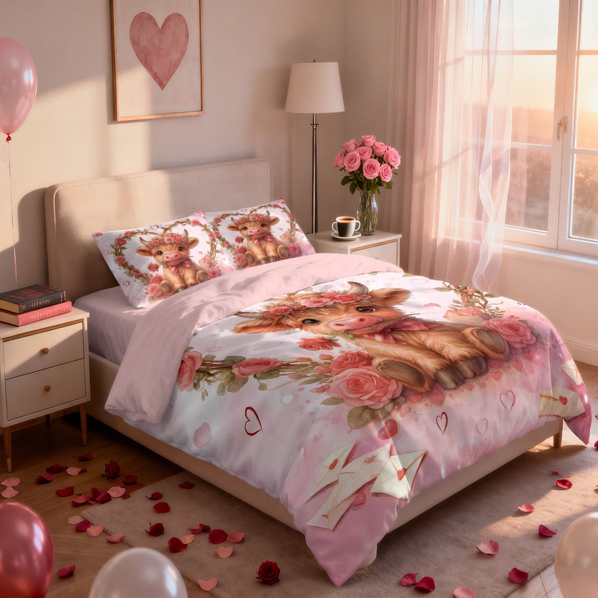 3pcs Pink Romantic Valentine's Day Highland Cow Print Coreless Bedding Set Multi Size Bedding Decoration Machine Washable