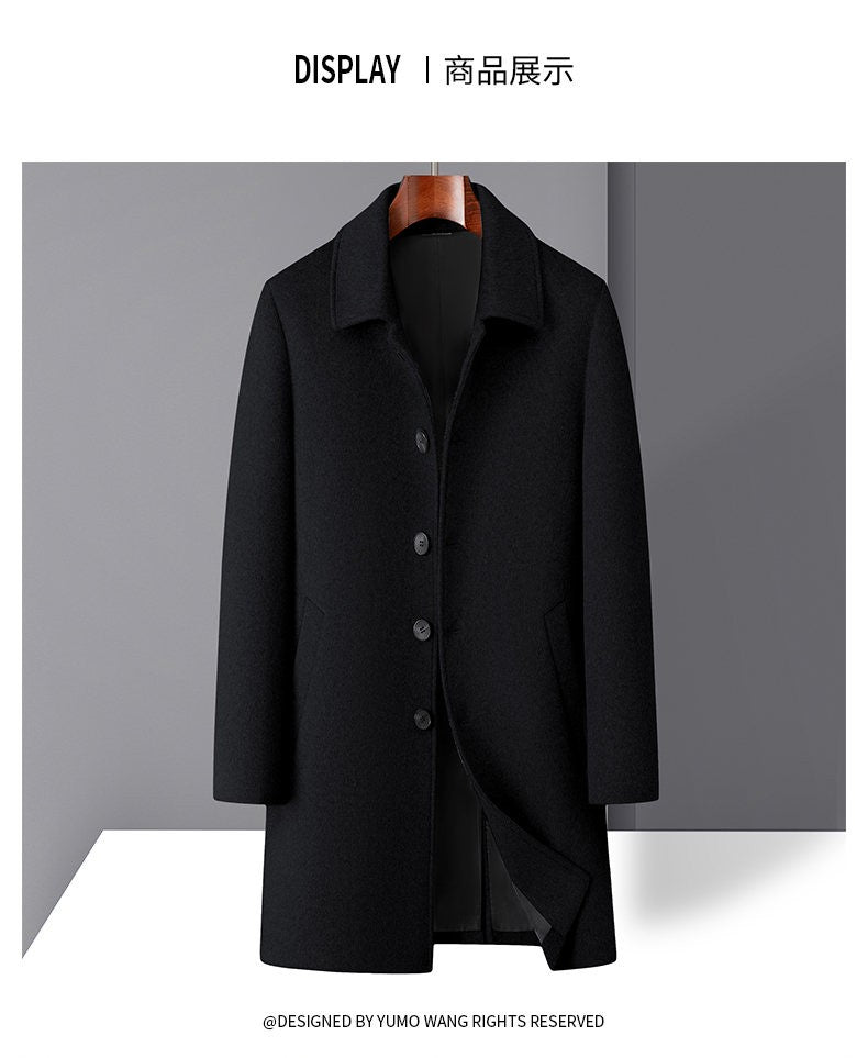 High-quality men's fashionable, stylish and versatile solid-color casual long woolen overcoat, wool woolen overcoat