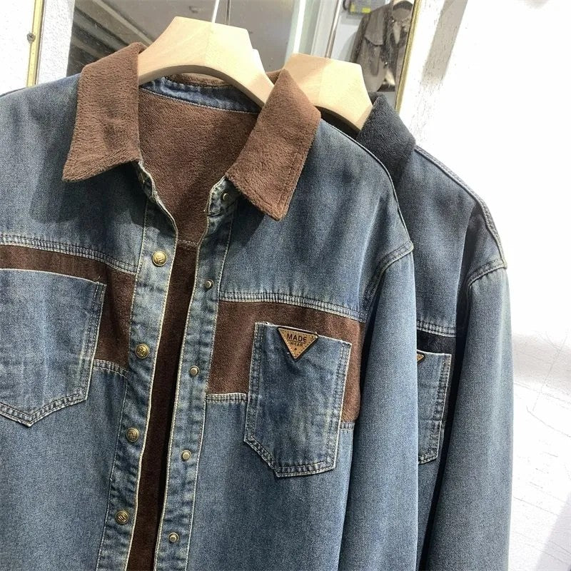 Women's Denim Blouse 2025 Autumn Winter Mid Length Version Add Velvet Ladies Tops Long Sleeve Versatile Lady Cowboy Shirt