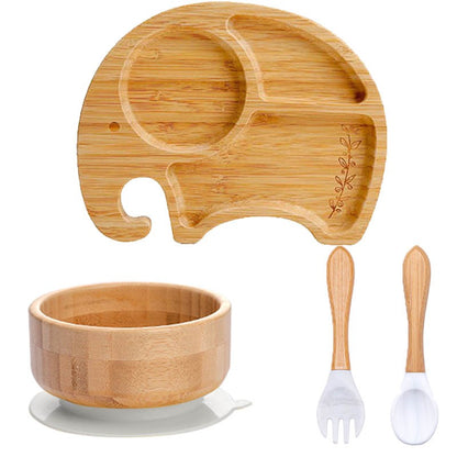 4pcs Bamboo Plate Sets Baby Feeding Bowl Wooden Kids Feeding Supplies Spoon Fork for Baby Tableware Suction Plate Bowl Cup